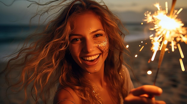 Photo young girl with sparkler smiling