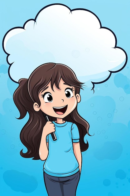 Photo young girl with speech bubble on blue background