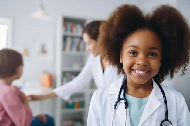 Photo a young girl with a stethoscope on her neck stands in a room with a woman and a woman behind her