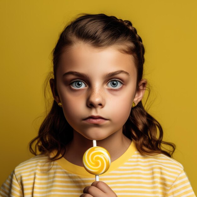 Foto ragazza con gli occhi sorprendenti che tiene una caramella gialla