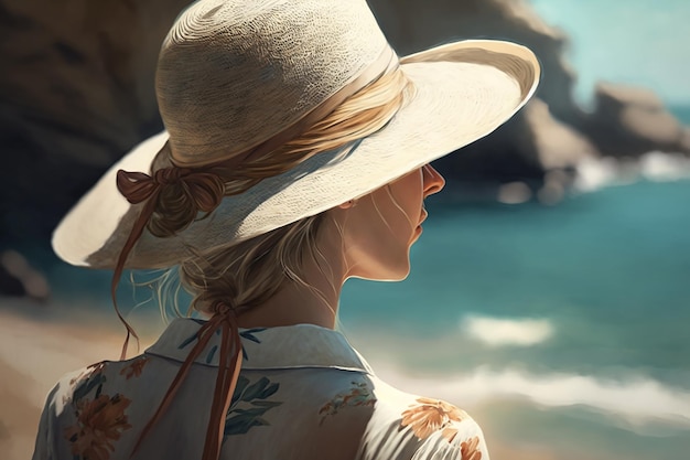 A young girl with a sun hat looks out to sea