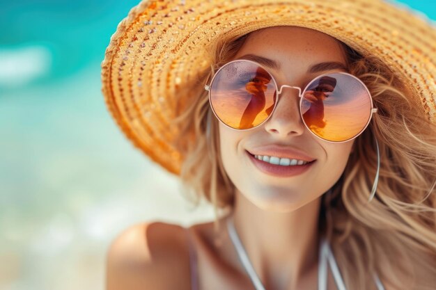 young girl with sunglasses and straw hat summer concept