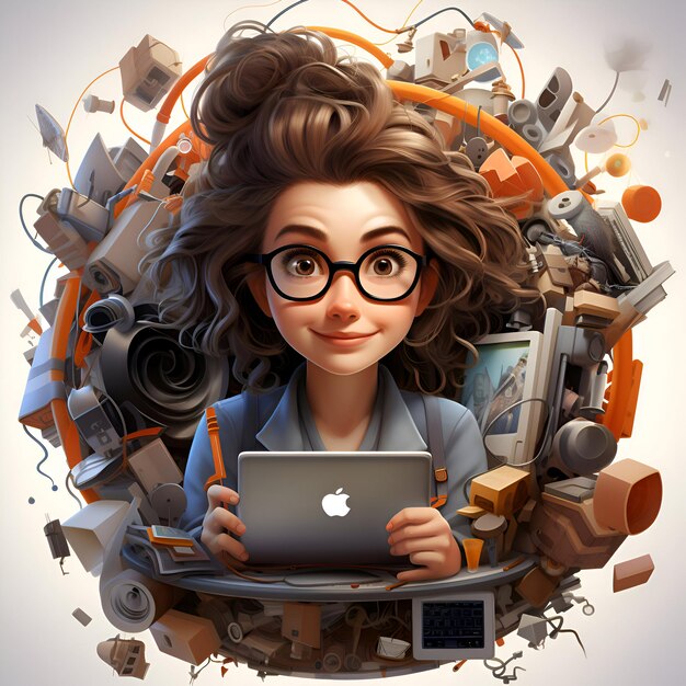 Young girl with tablet in a huge box 3d illustration