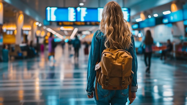 Young girl with a tourist backpack at the airport selective focus Generative AI