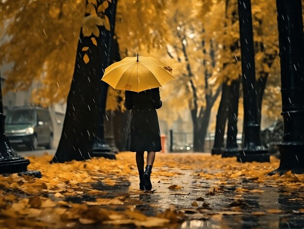 Young girl with umbrella yellow is walking in the autumn park