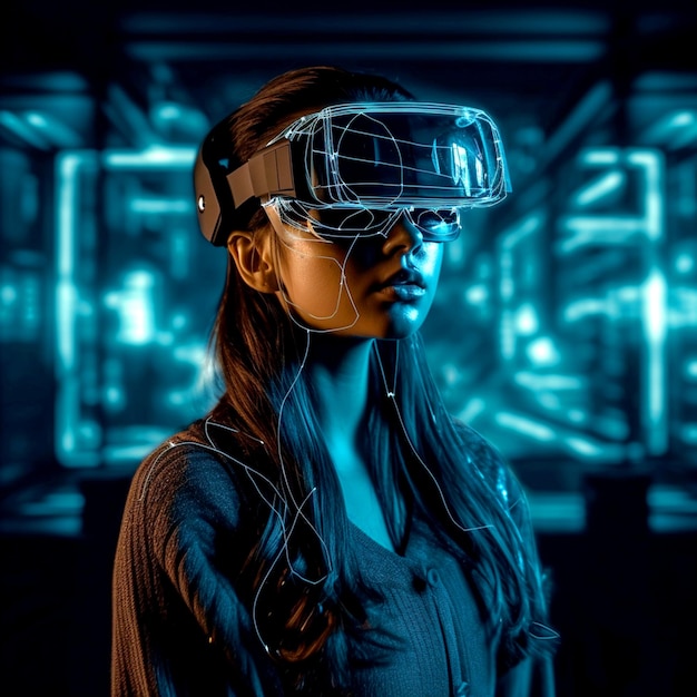 A young girl with virtual reality technology in the Metaverse world