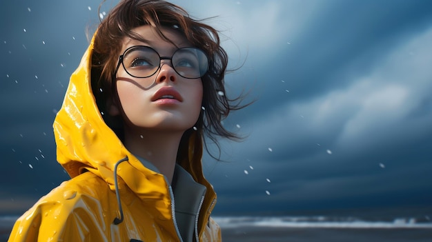 Young girl with wet raincoat on the beach Loneliness concept