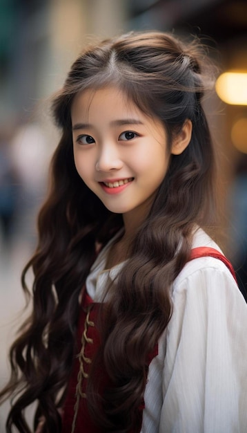 a young girl with a white shirt and red and black sashes is smiling.