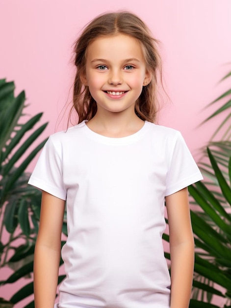 A young girl with a white shirt that says " she is smiling ".