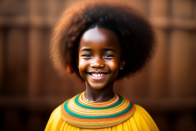 A young girl with a yellow shirt and yellow skirt smiles at the camera.