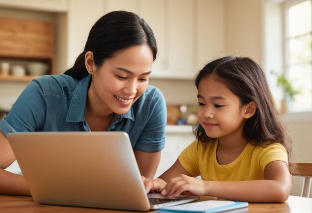Photo a young girl and woman learning with a laptop at home suggests a comfortable and focused educational