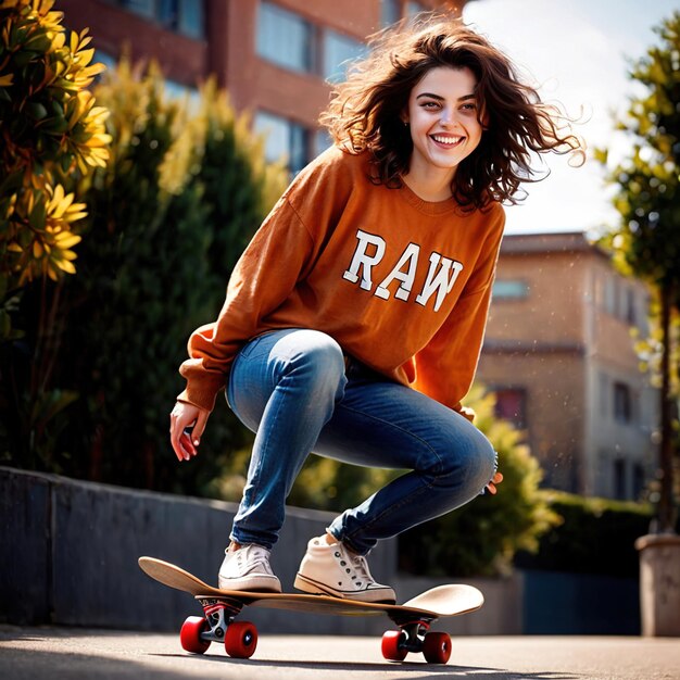 Photo young girl woman skateboarder urban sports recreation skate boarding