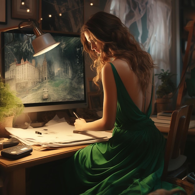 Foto una giovane ragazza che lavorava al computer portatile era vestita di verde