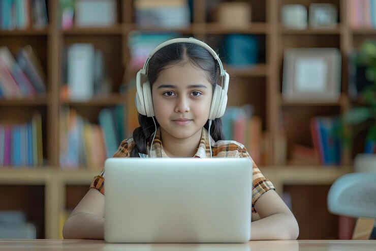 फोटो a young girl working at table laptop headphones