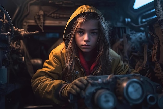 young girl works on engine of vehicle