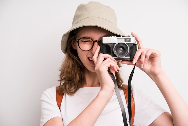 Young girl wphotographer tourism concept