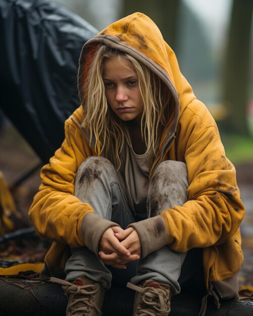 a young girl in a yellow hoodie sitting on the ground