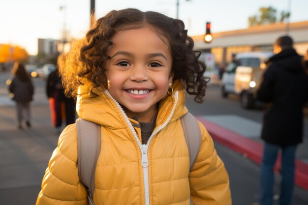 a young girl in a yellow jacket smiles at the camera