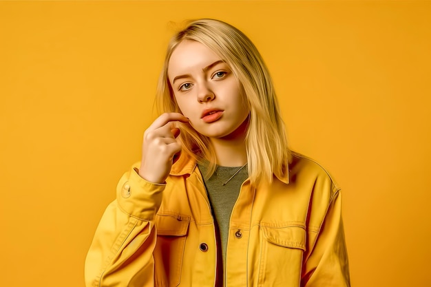 Молодая девушка в желтой куртке на желтом фоне