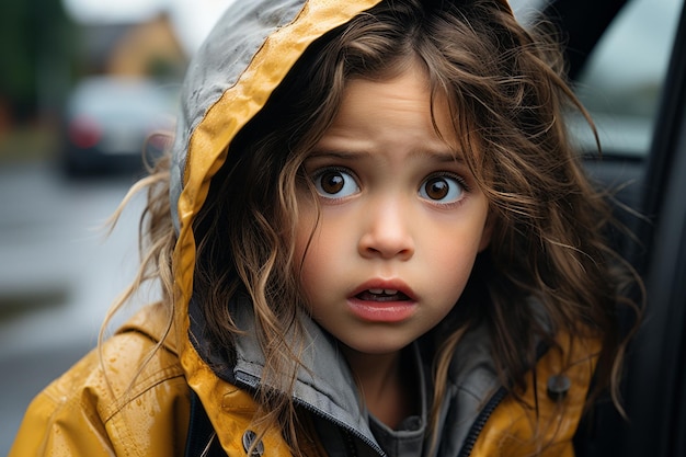 a young girl in a yellow raincoat looking at the camera