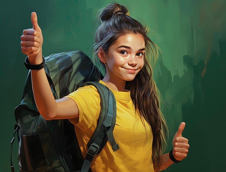 फोटो young girl in yellow shirt holding her backpack and showing a thumbs up on green background in the