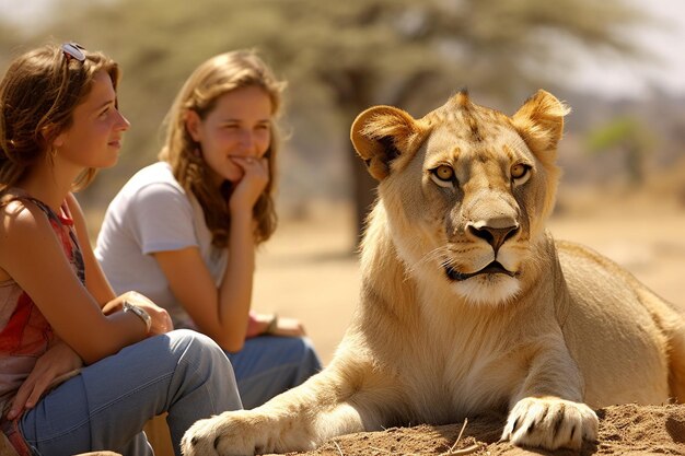 Photo a young girl and a young girl are looking at a lion