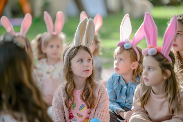 Photo young girls in bunny ears share easter eggs at a funfilled event aige