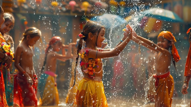 Young girls in colorful traditional dresses dancing and splashing water in a sunlit outdoor