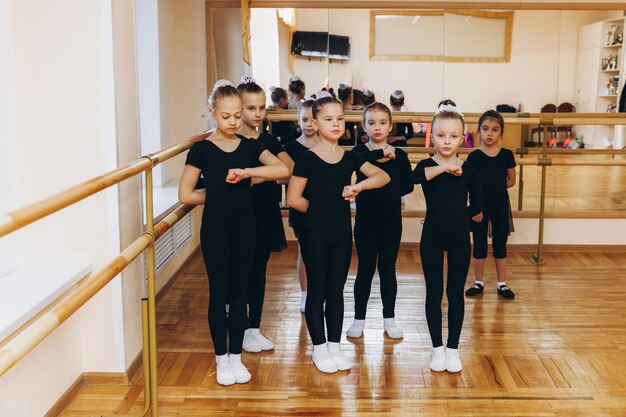 Young girls doing gymnastic exercises or exercising in fitness class