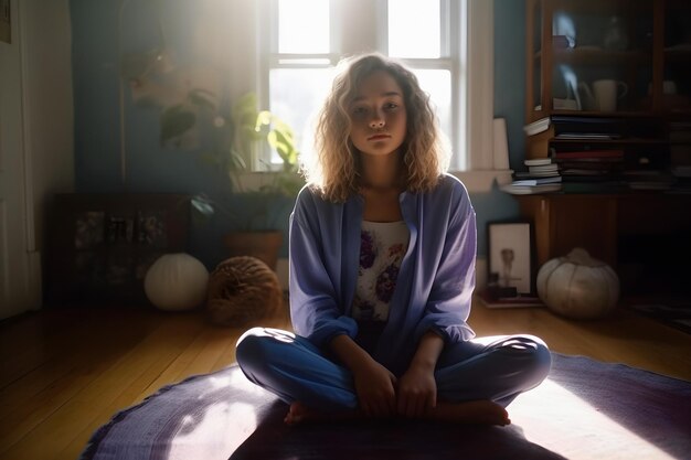 Young girls practicing yoga at home sitting in lotus position