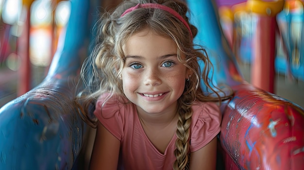 A young girls pure joy on a playground slide