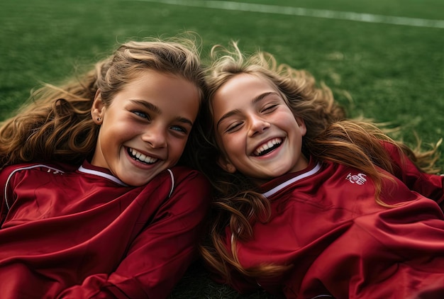 Young girls on a soccer field laying down in the style of dark red