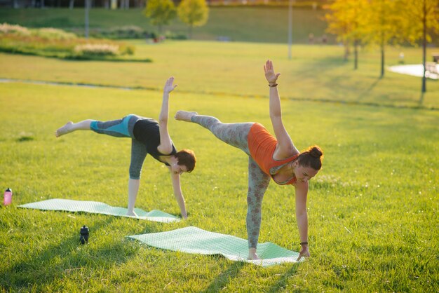 Young girls do yoga outdoors in the Park during sunset. Healthy lifestyle