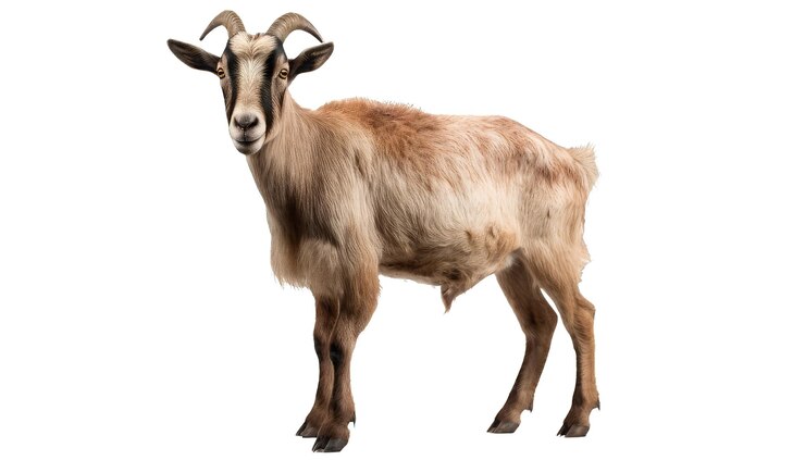 Photo young goat standing and looking at the camera isolated on a white background