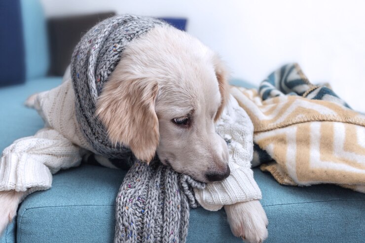 若いゴールデンレトリバー犬がソファに横たわっています