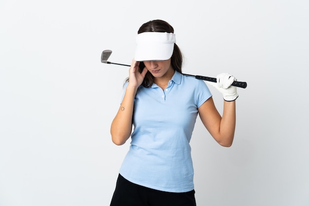 Young golfer woman over isolated white wall with headache