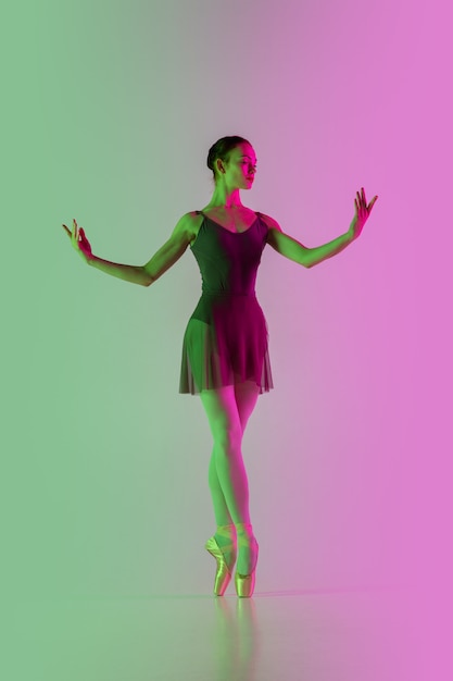 グラデーションピンクグリーンスタジオの背景に分離された若くて優雅なバレエダンサー