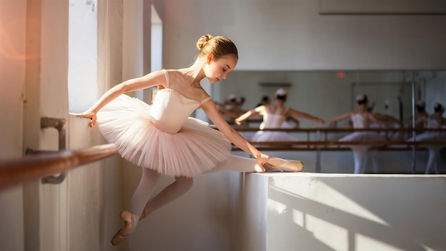 Young graceful tender ballerina on white wall