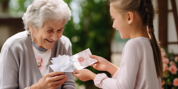 A young grandson shows a handmade postcard to his grandmother