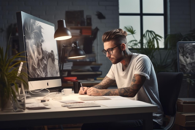 Young graphic design sitting at office studio while working with laptop computer