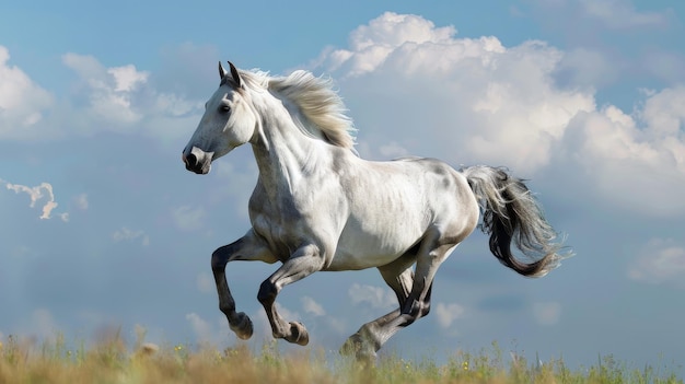 young gray stallion runs at a gallop against the sky