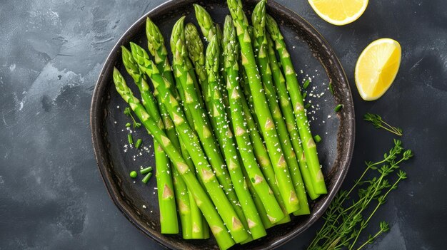Young green asparagus sprouts on plate with lemon asparagus seasoned with spices and sea salt