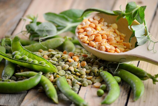 Young green peas in pods and dry grains