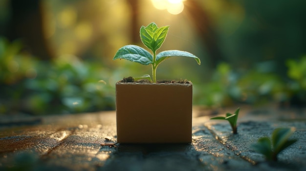 A young green plant in an ecopot on the table a germinating seed in a glass at sunset