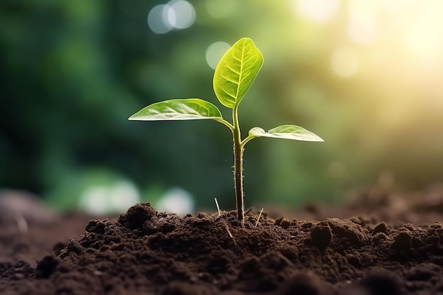 庭の日光の下で成長する若い緑の植物