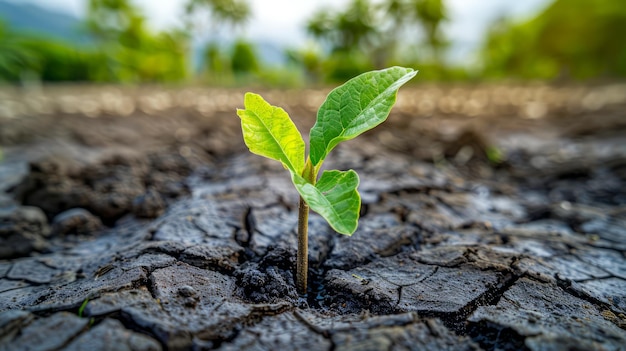 Young Green Plant Sprouting Through Cracked Dry Soil with Natural Background Concept of Growth