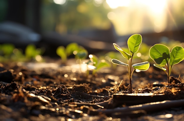 Молодой зеленый саженец, растущий из семян под утренним солнечным светом Концепция садоводства сгенерирована ИИ