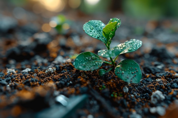 Young green seedling growing from soil on blurred background Ecology concept