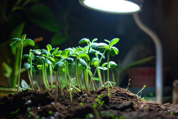 Young green Seedlings Growing under glow of LED lights in an indoor