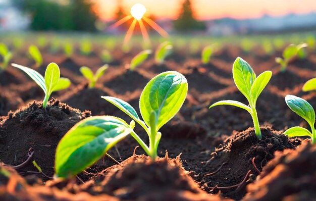 Young green seedlings in the soil at sunset The concept of new life